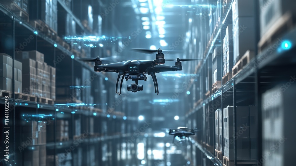 Poster a dynamic image of drones flying through a warehouse equipped with cameras and sensors to manage inv