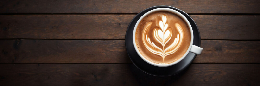 Latte Art Coffee on Rustic Wooden Table, Coffee Enjoyment Concept