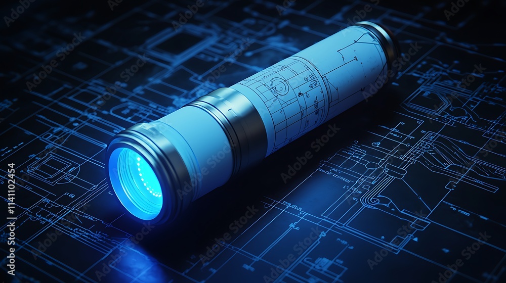 Poster futuristic blueprint inside illuminated cylindrical case on technical drawings.