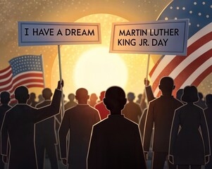 Illustration of a united crowd at sunset holding banners "I HAVE A DREAM" and "MARTIN LUTHER KING JR. DAY" with American flags, symbolizing unity, hope, and the civil rights movement.
