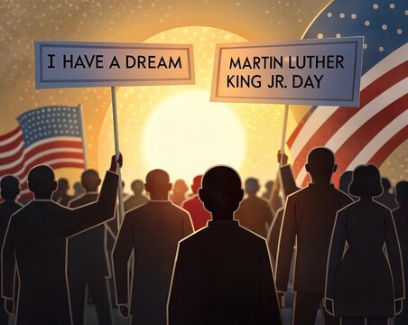 Illustration of a united crowd at sunset holding banners "I HAVE A DREAM" and "MARTIN LUTHER KING JR. DAY" with American flags, symbolizing unity, hope, and the civil rights movement.
