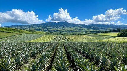 Pineapples in various stages of ripeness in a large field, showcasing healthy growth, blue skies, and lush greenery in the background