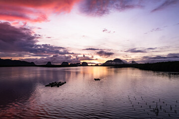 Aerial view sunset sky,Nature beautiful Light Sunset or sunrise over sea,Colorful dramatic majestic scenery sunset Sky with Amazing clouds and waves in sunset sky