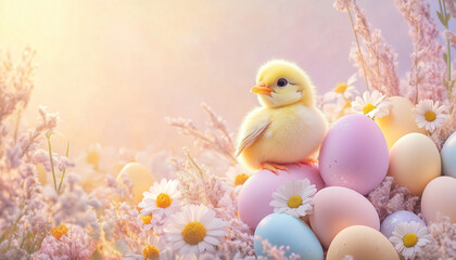 Yellow chick riding Easter egg in flower meadow, joyful atmosphere