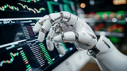 robotic hand interacts with digital trading console, showcasing advanced technology and finance
