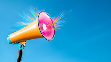Colorful explosion from a megaphone against a blue background.