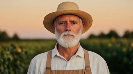 Fototapeta premium Serene Mature Farmer in Orchard at Sunset, Mature Caucasian man at sunset concept.