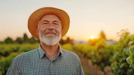 Fototapeta premium Mature Farmer Enjoying Sunset in Vineyard, Mature Caucasian man at sunset concept.
