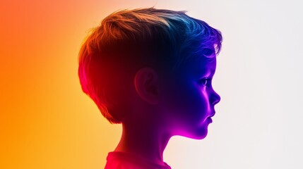 Gentle watercolor design, soothing gradient background with subtle chaotic patterns, silhouette of a pensive boy for ADHD awareness