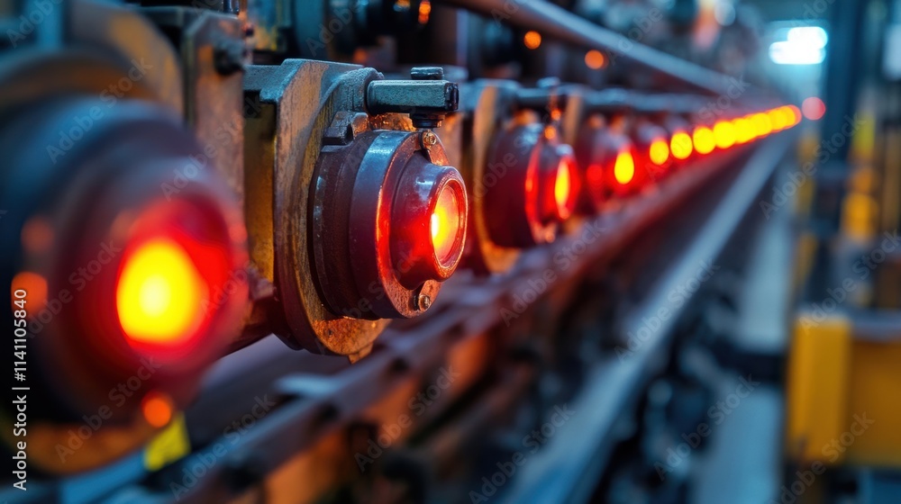 Poster closeup of a long line of sensors strategically p on machinery with one sensor blinking to signify t