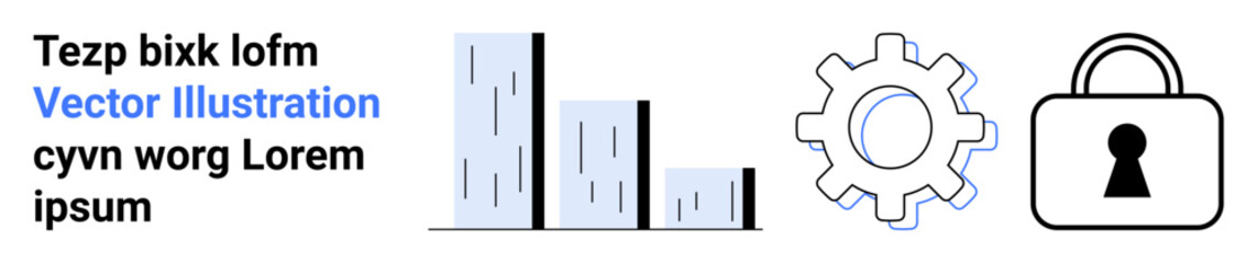 Bar chart analyzing data progress, gearwheel symbolizing technology and tools, padlock indicating security measures. Ideal for data analytics, technology integration, security solutions, business