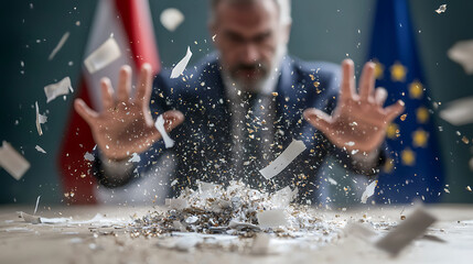 businessman expressing frustration while throwing away torn documents, symbolizing failed agreements