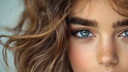 Naklejka premium Close up portrait of young woman with curly hair and striking blue eyes, conveying sense of beauty and confidence