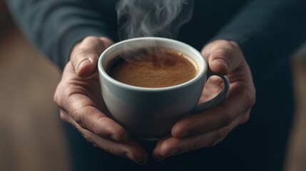 Hands Holding a Steaming Cup of Coffee, Barista serves hot drink in shop concept.