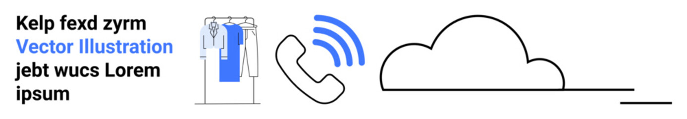 Cloud icon, phone receiver with blue signal lines, shirts on hangers with text in blue and black. Ideal for cloud services, communication, digital storage, remote work, fashion, business marketing