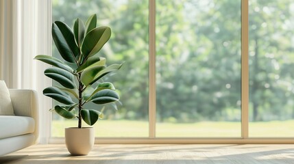 Fototapeta premium Stylish Rubber Plant in Modern Living Room, A rubber fig plant brightens any living room concept.