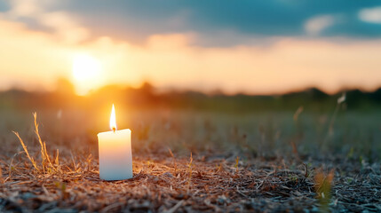 A single lit candle sits on dry grass at sunset, with a blurred background of a field and sky.