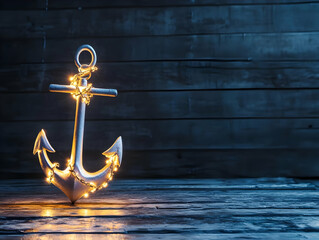 Illuminated silver anchor on dark wood background.