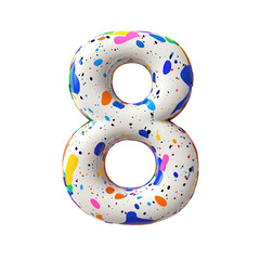 White number eight with colorful splatters.