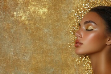 Elegant beauty with golden makeup against a sparkling gold background showcasing glam artistry