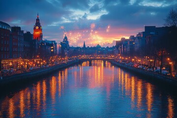 New Year fireworks over Dublin cityscape at sunset, vibrant reflections in river, festive urban celebration atmosphere