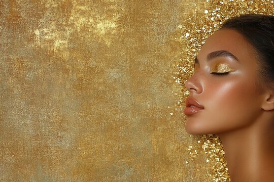Elegant beauty with golden makeup against a sparkling gold background showcasing glam artistry