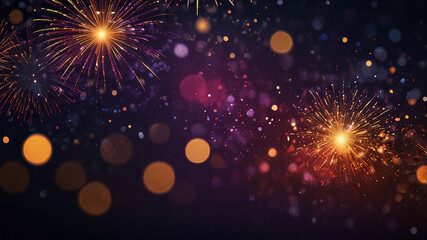 Obraz premium Firework inspired bokeh with golden and red light spots on a black-purple backdrop. Ideal for New Year, party graphics, or celebration-themed projects.
