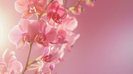 Fototapeta premium Pink orchid flowers in soft sunlight with blurred background, perfect for spa, beauty, and floral design themes.