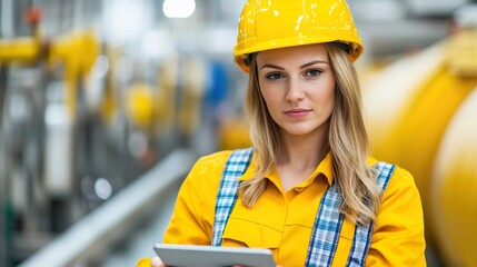 Industrial Woman Worker Analyzing Data in Factory Setting, Industrial worker thrives in warehouse concept.