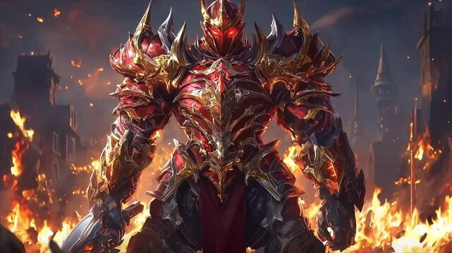 rpg character with sword and fiery background 