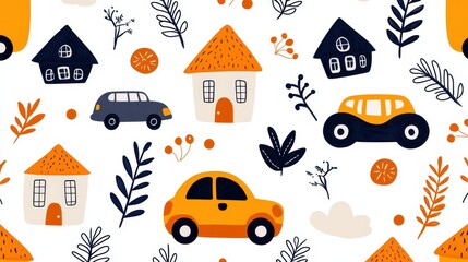 Bright and cheerful hand-drawn vector pattern, featuring toys, cars, and houses with doodle-style details, ideal for preschool themes