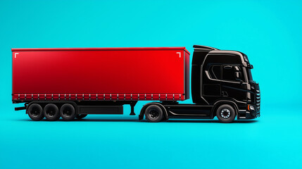 A sleek black truck with a red trailer showcased on a light blue background, symbolizing strength and reliability in freight services