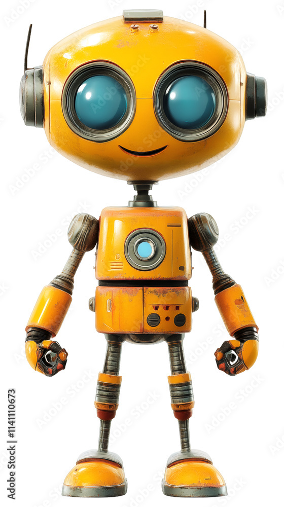 Poster 3d rendering of a cheerful yellow robot on a clear background, ideal for technology and innovation t