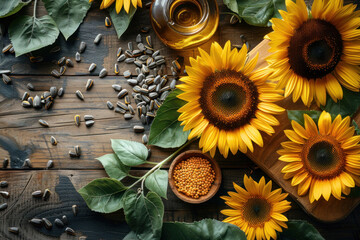 sunflower oil, seed and sunflower on the background of wooden boards,.  