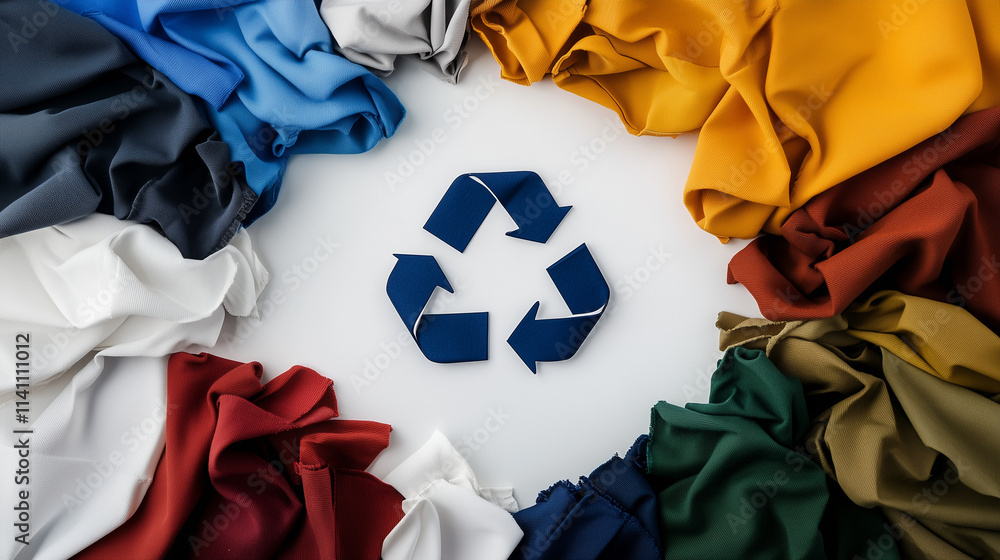Poster a variety of crumpled fabric scraps in warm and cool tones arranged in a circular pattern around a m