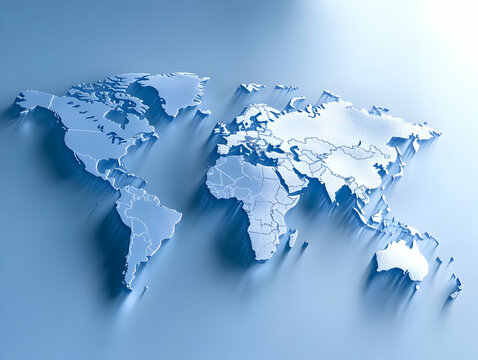 Fototapeta 3D world map, global, continents, countries, blue, shadows, perspective, geography, international.