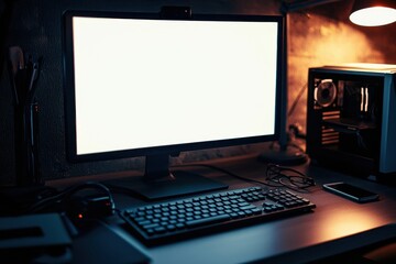 Fototapeta premium A modern personal computer with a blank white screen and a keyboard reflects a clean slate for digital creativity and productivity. This image encourages fresh starts and new ideas.