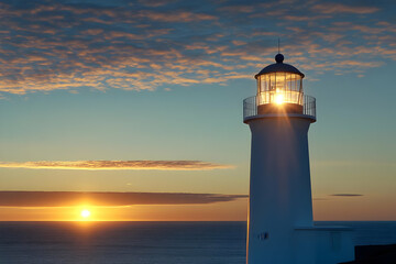 Majestic lighthouse glowing at sunset over ocean.