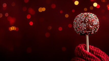 A delicious chocolate cake pop, covered in colorful sprinkles, is held in a cozy red knitted glove against a dark red background with bokeh lights. Perfect for a festive treat!