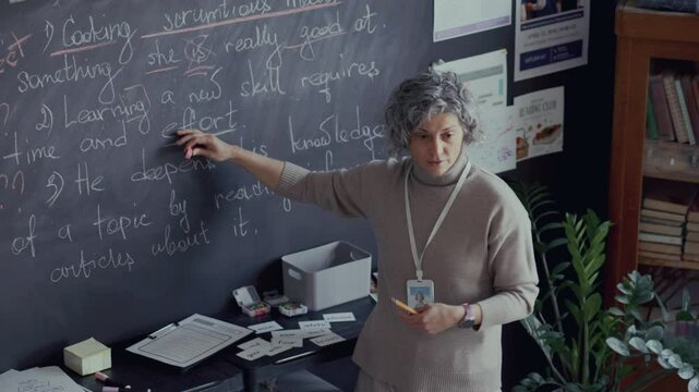 Mature female teacher with grey hair pointing at sentences written on chalkboard, explaining English grammar rules during class. High angle view