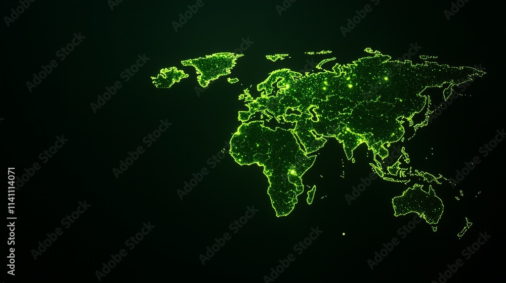 Poster a mesmerizing digital illustration of the world map, rendered in vibrant green luminous particles ag