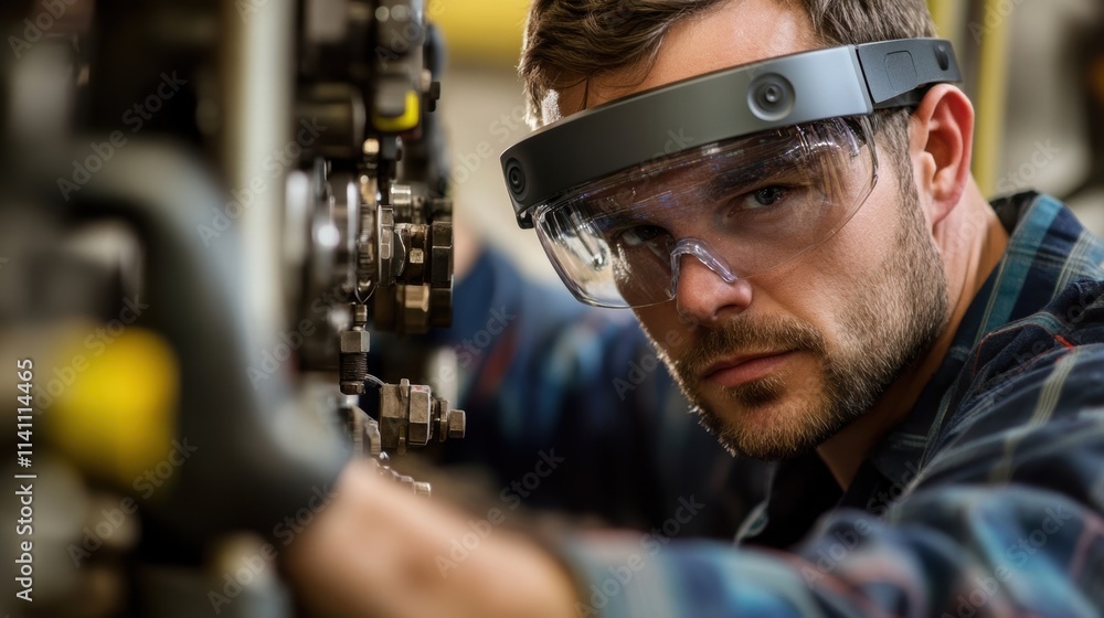 Poster a maintenance technician using ar glasses to visually identify components of a machine needing repai