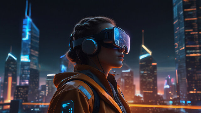 Neon lit futuristic city with sleek skyscrapers, glowing holograms, and an anonymous figure in a metallic exosuit and VR glasses, surrounded by swirling digital energy.