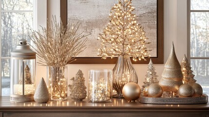 Elegant Holiday Decor with Golden Accents and Twinkling Lights