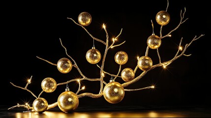 Obraz premium Elegant Golden Christmas Ornaments on Branch with Warm Lighting