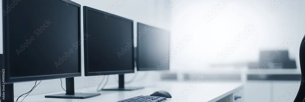 Poster blurred high-tech interior a modern workspace with computers and defocused white light