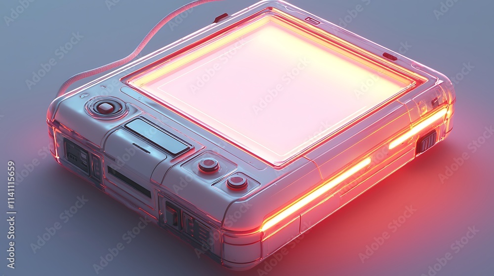 Poster futuristic transparent device with glowing orange edges and blank screen.