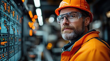 A man in a hard hat and safety glasses looks intently at a control panel in an industrial setting.
