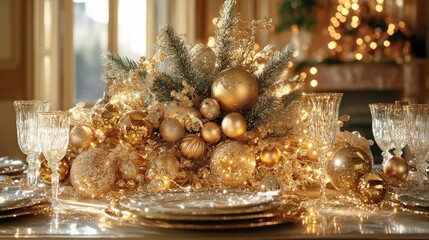 Elegant Christmas Table Decor with Glittering Gold Ornaments