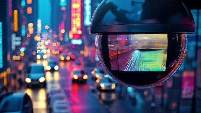 Security camera captures bustling city traffic at night with neon lights illuminating the streets